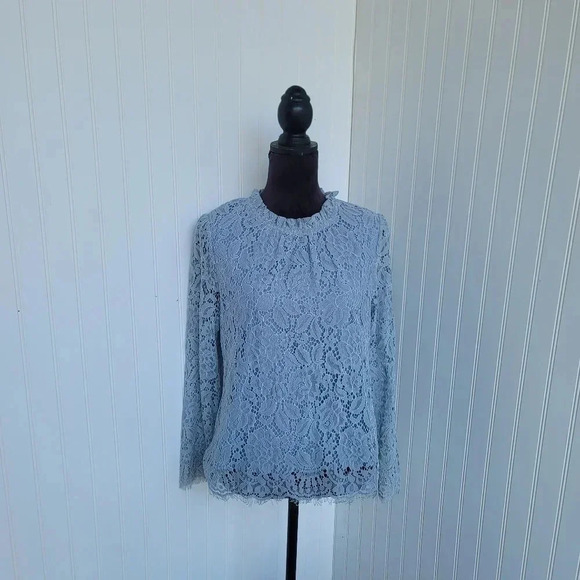 NWT Allegra K Long Sleeve Shirt Mock Neck Floral Lace Top Blue Zip Back Sz M - Picture 1 of 9